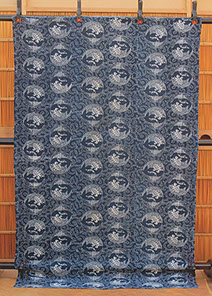 #1503 Large antique futon cover, indigo stencil dyed, stork and turtle design, small boro patches, 38"w x 60"h, C.1910 Japanese antiques in LA