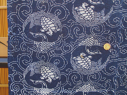 #1503 Large antique futon cover, indigo stencil dyed, stork and turtle design, small boro patches, 38"w x 60"h, C.1910 Japanese antiques in LA