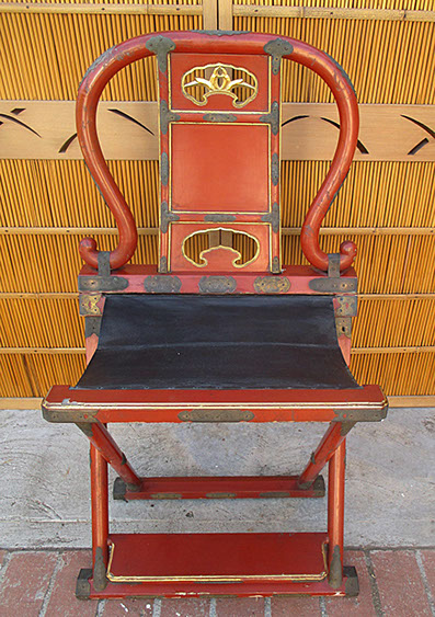 Red lacquer priest's chair, Buddhist shrine, ornate bronze fittings, for Japanese interior design, garden, Japanese antiques in Los Angeles 