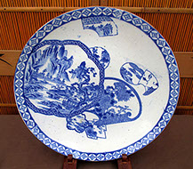 Large blue and white charger, stencil print, lake scene, flowers. Antique Japanese porcelain plate for Japanese interior design, Japanese garden