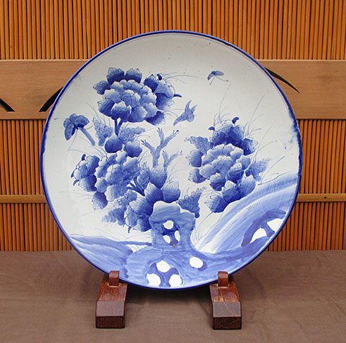 Large blue and white charger, handpainted antique Japanese porcelain, with butterflies, peony, for Japanese interior design, in Los Angeles