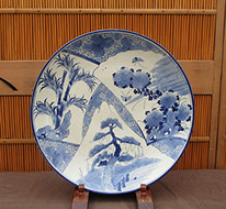 Large blue-white charger, pine, bamboo, kiku designs. Antique Japanese blue and white for Japanese gardens, interior design, in Los Angeles