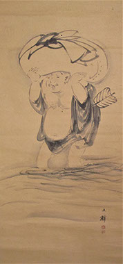 Scroll ink painting (sumi-e), Hotei wandering priest, wading stream with his bag of gifts for children on his head, one of Seven Lucky Gods