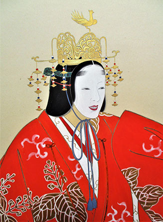Two-panel painted screen, byobu, colorful  Noh actor, empress, orange kimono, gold crown, signed, Japanese art, interior design, Los Angeles