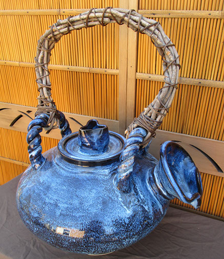 Large Shigaraki teapot,blue Japanese ceramics, mingei item for Japanese garden, interior design, tea ceremony, Japanese antiques Los Angeles