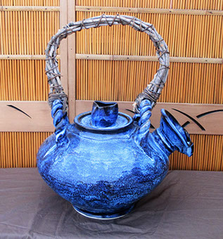 Side view2, Large Shigaraki teapot,blue Japanese ceramics, mingei, Japanese garden, interior design, tea ceremony, Japanese antiques Los Angeles