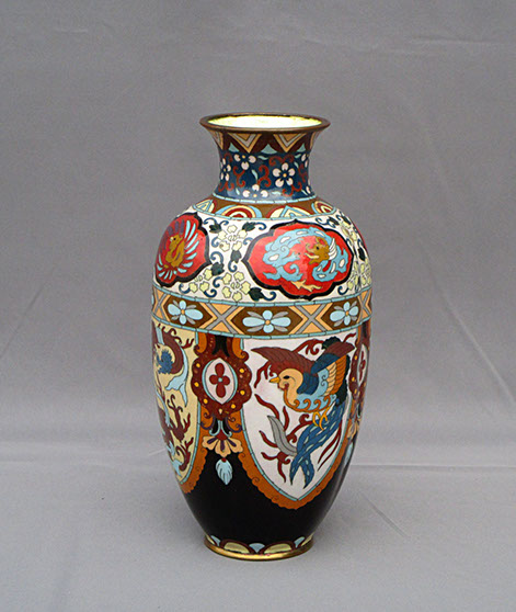 Cloisonne vase, dragons and phoenix, colorful enamels, for Japanese interior design, ikebana, tea ceremony, Japanese garden, Japanese antique