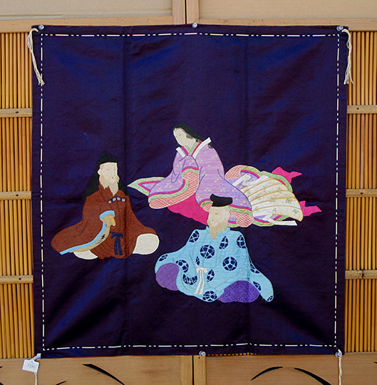 Purple silk fukusa, gift wrapping cloth, detailed embroidery, court lady, colorful kimono, 2 lords in fine robes, antique Japanese textiles L.A.