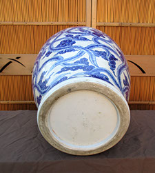 Bottom view - Large Japanese porcelain blue and white vase. Large phoenix, hand-painted, ikebana, Japanese gardens, interior design, Los Angeles