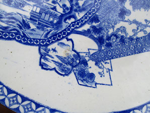 Front view - Large blue white charger, stencil print, lake scene, Antique Japanese porcelain plate for Japanese interior design, Japanese garden
