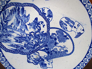 Front view2- Large blue white charger, stencil print, lake scene, Antique Japanese porcelain plate for Japanese interior design, Japanese garden
