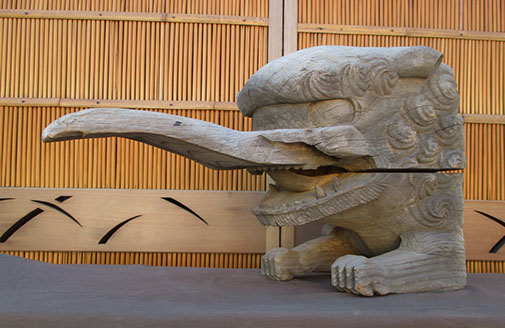 Side view- Large keyaki wood baku, elephant temple guardian, devourer of bad dreams, for Japanese interior design, garden, Buddhist temple deity