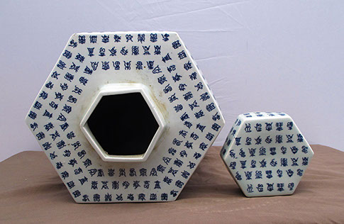Top view,Pair large six sided pots, covers, small blue white print calligraphy, Chinese porcelain, for scholar's table, Japanese interior design