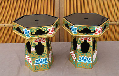 Top view- Pair hexagonal gold Buddhist temple stands, colorful lotus flowers, antique Japanese lacquer, Japanese interior design, tea ceremony