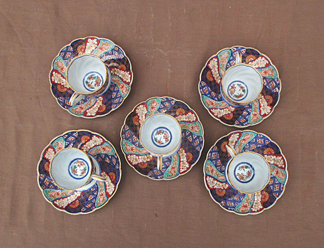 Top view - 5 Imari tea cups and saucers; enamel gold, hand painted antique Japanese porcelain for Japanese tea ceremony, interior design
