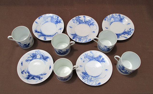 Top view - 5 blue and white tea cups and saucers; flowers, rabbits, hand painted antique Japanese porcelain, tea ceremony, signed, Los Angeles