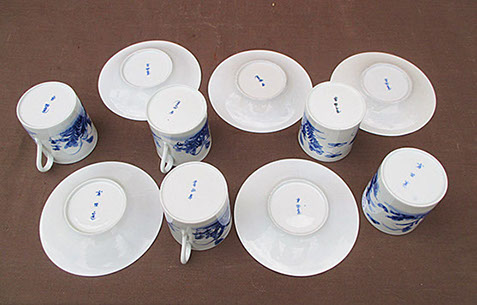 Bottom view- 5 blue and white tea cups and saucers; flowers, rabbits, hand painted antique Japanese porcelain, tea ceremony, signed, Los Angeles