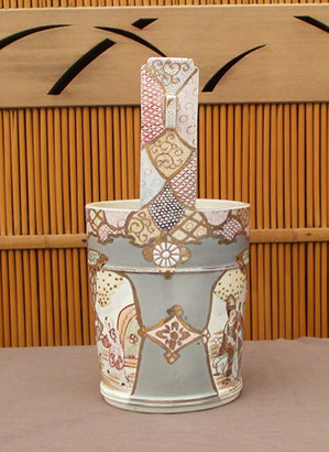 Side view - Satsuma bucket vase, tall handle, enamels, gold. Antique Japanese pottery for interior design, ikebana, tea ceremony, in Los Angeles