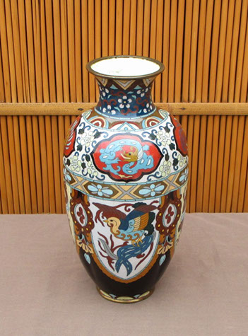 Side view - Cloisonne vase, dragons and phoenix, colorful enamels, for Japanese interior design, ikebana, tea ceremony, Japanese garden, antique