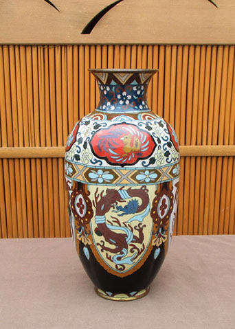 Side view2 - Cloisonne vase, dragons and phoenix, colorful enamels, Japanese interior design, ikebana, tea ceremony, Japanese garden, antique