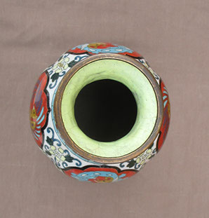 Top view - Cloisonne vase, dragons and phoenix, colorful enamels, for Japanese interior design, ikebana, tea ceremony, Japanese garden, antique