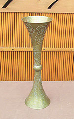 Tall bronze vase, flared rim; etched dragon in clouds. Etched signature, for Japanese interior design, tea ceremony, Japanese garden, antique