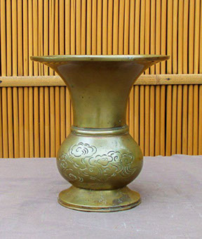 Side view - Bronze temple vase, engraved inscription, etched, antique Japanese metalwork for ikebana, tea ceremony, Japanese interior design