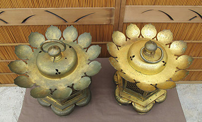 Top view - Pair large gilt hanging temple lanterns, heavy copper, etched, pierced designs of lotus, waves, vines, flowers, clouds, dragons