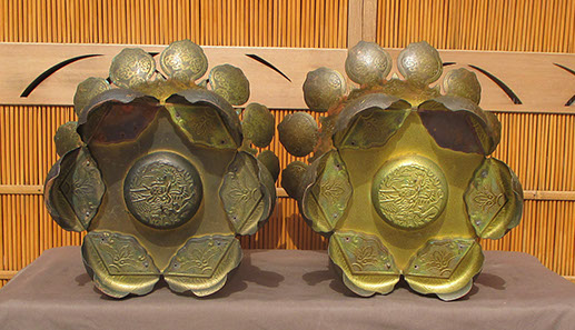 Bottom view - Pair large gilt hanging temple lanterns, heavy copper, etched, pierced designs of lotus, waves, vines, flowers, clouds, dragons