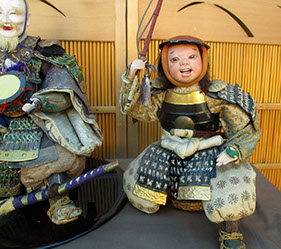 #1427 Set of three samurai dolls; two attendants, and larger Lord, all with armor, weapons, with round stand, Japanese antiques in Los Angeles