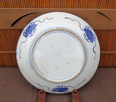 Back view - Large blue and white charger, handpainted antique Japanese porcelain, with butterflies, peony, for Japanese interior design
