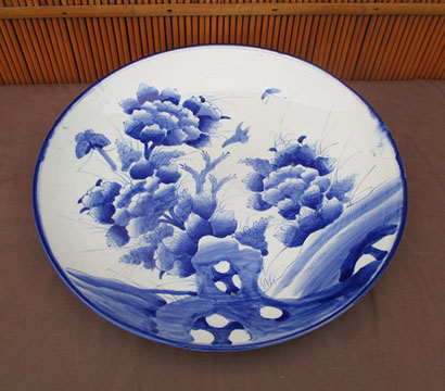 Large blue and white charger, handpainted antique Japanese porcelain, with butterflies, peony, for Japanese interior design, in Los Angeles