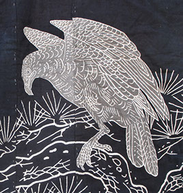 Heavy dark indigo festival kimono; large paste resist dyed (tsutsugaki) hawk, pine, large three leaf mon, antique mingei fabrics, Los Angeles