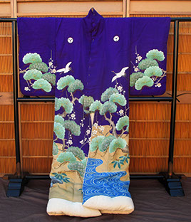 Full view - Formal silk kimono, purple, brown, colorful pines, plum, bamboo, storks, mons, paste resist, kata-yuzen, handpainting, embroidery
