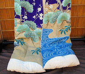 Botom view - Formal silk kimono, purple, brown, colorful pines, plum, bamboo, storks, mons, paste resist, kata-yuzen, handpainting, embroidery
