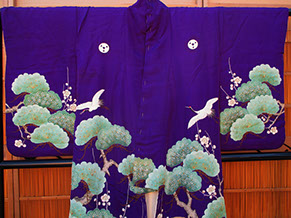 Front view - Formal silk kimono, purple, brown, colorful pines, plum, bamboo, storks, mons, paste resist, kata-yuzen, handpainting, embroidery