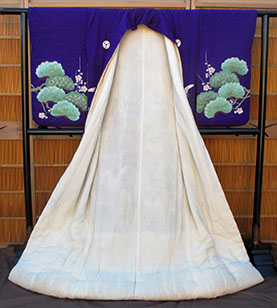 Open view - Formal silk kimono, purple, brown, colorful pines, plum, bamboo, storks, mons, paste resist, kata-yuzen, handpainting, embroidery
