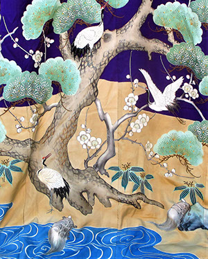  Formal silk kimono, purple, brown, colorful pines, plum, bamboo, storks, mons, paste resist, kata-yuzen, handpainting, embroidery