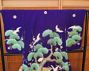 Top view - Formal silk kimono, purple, brown, colorful pines, plum, bamboo, storks, mons, paste resist, kata-yuzen, handpainting, embroidery