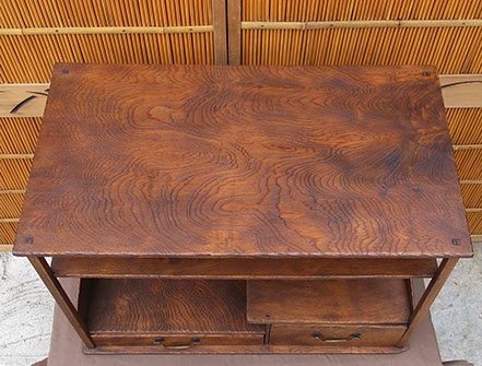 Top view - Tea tansu (cha dansu), 30"w, cypress pronounced grain, keyaki frame. Two drawers, copper handles. C. 1910, antique