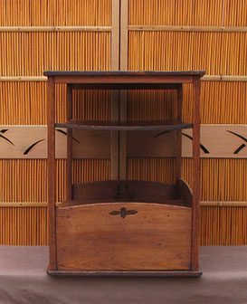Side view2 - Tea tansu (cha dansu), 30"w, cypress pronounced grain, keyaki frame. Two drawers, copper handles. C. 1910, antique