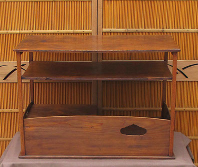 Back view - Tea tansu (cha dansu), 30"w, cypress pronounced grain, keyaki frame. Two drawers, copper handles. C. 1910, antique