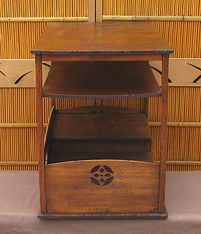 Side view - Tea tansu (cha dansu), 30"w, cypress pronounced grain, keyaki frame. Two drawers, copper handles. C. 1910, antique