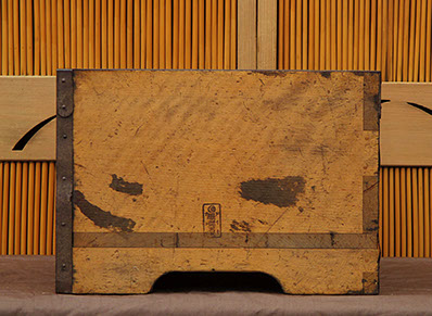 Side view2 - Wood rice measure, heavy iron handle,  calligraphy, Japanese mingei, for interior design, Japanese garden, tea ceremony