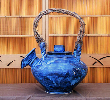 Side view Large Shigaraki teapot,blue Japanese ceramics, mingei, Japanese garden, interior design, tea ceremony, Japanese antiques Los Angeles