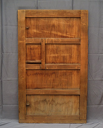 Back view - Small warehouse (kura) door; thick cypress frame, large solid keyaki panel. "scale weight" handle, Japanese interior design, garden