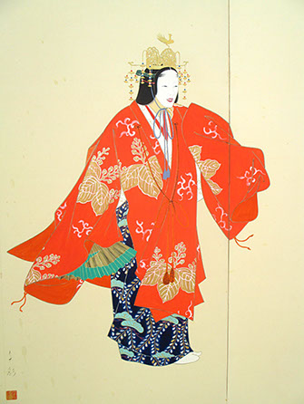 Actor view - Two-panel painted screen, byobu, colorful  Noh actor, empress, orange kimono, gold crown, signed, Japanese art, interior design