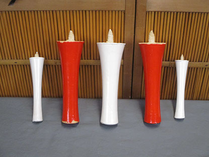 Five Japanese antique temple candles, ikari rosoku, 7 - 10"h, traditional craft, natural plant wax, mokuro, hollow washi wick
