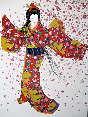 Large framed print, Blossoms of Spring, by Hisashi Otsuka, b.1947, an original serigraph print in the neo-deco style, #912/2800, dancing woman
