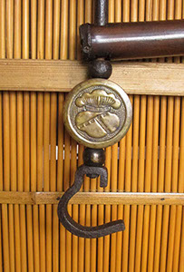 Antique Japanese Jizai-kagi, adjustable hook for hanging pots over hearth. Old bamboo has smokey patina. Bronze money bag design piece          